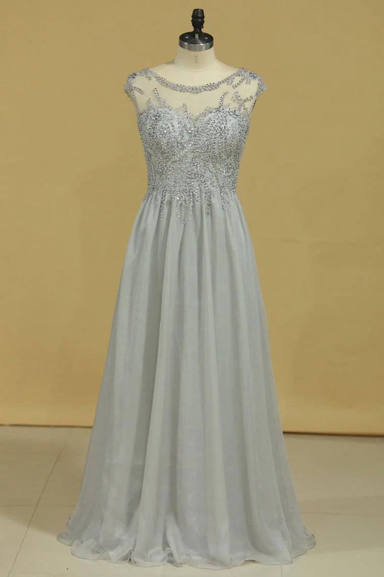 Plus Size Bateau Beaded Bodice A-Line Party Dresses With Long Chiffon Skirt